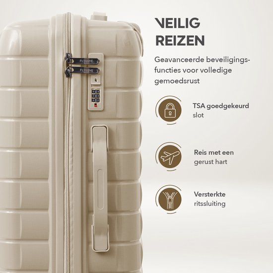 Close-up van een TSA-goedgekeurd cijferslot op een beige koffer.