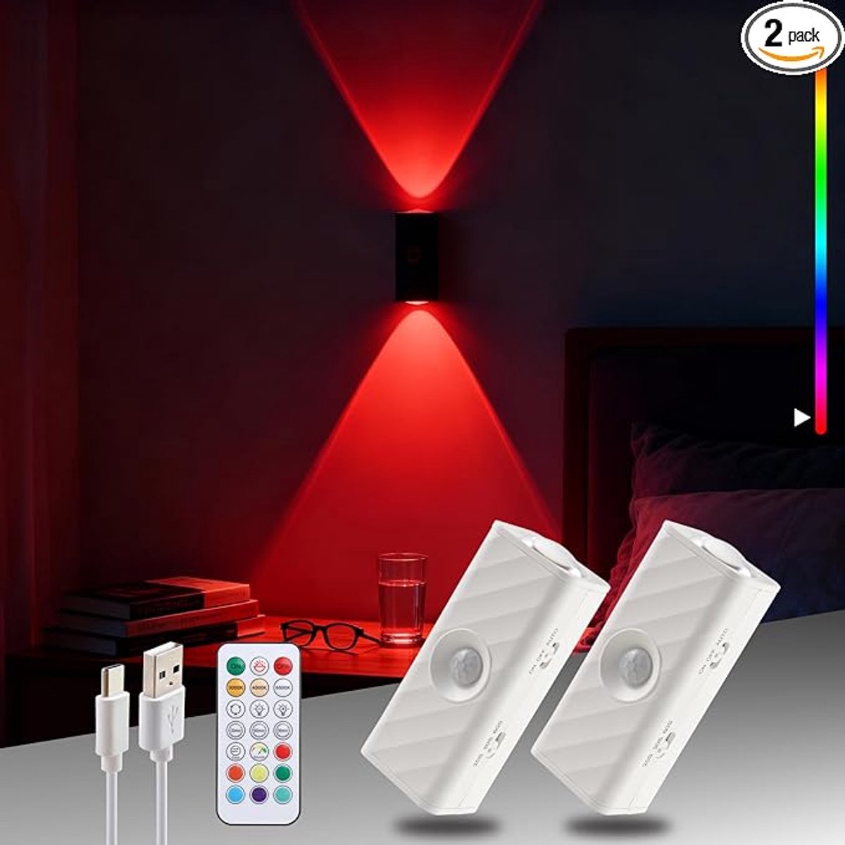 KZQ Bewegingssensor nachtlampje - Magnetische RGB wandlamp met 10 kleuren, draadloos dimbaar met timer - Voor slaapkamer, gamekamer, trap - 2stuk
