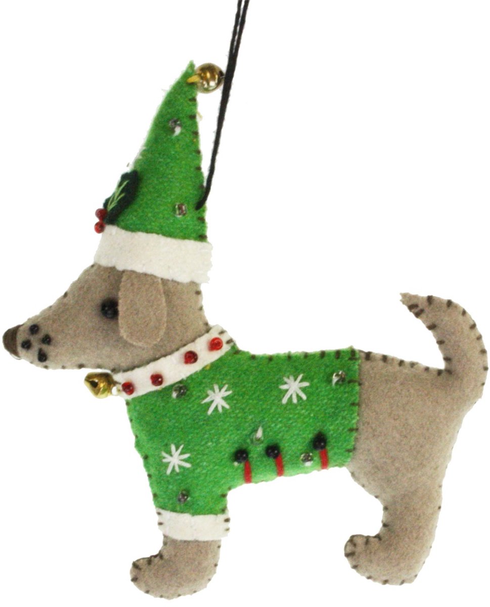 Hond met kerst muts hulst/ groen, vilt 11x2x12cm