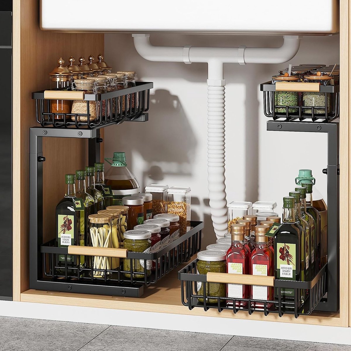 Gootsteenkast organizer uitrekbaar - Gootsteenkast Organizer Uittrekbaar - Zwart - 39 x 17 x 6 cm - Verstelbare Hoogte - Voor Keuken en Badkamer