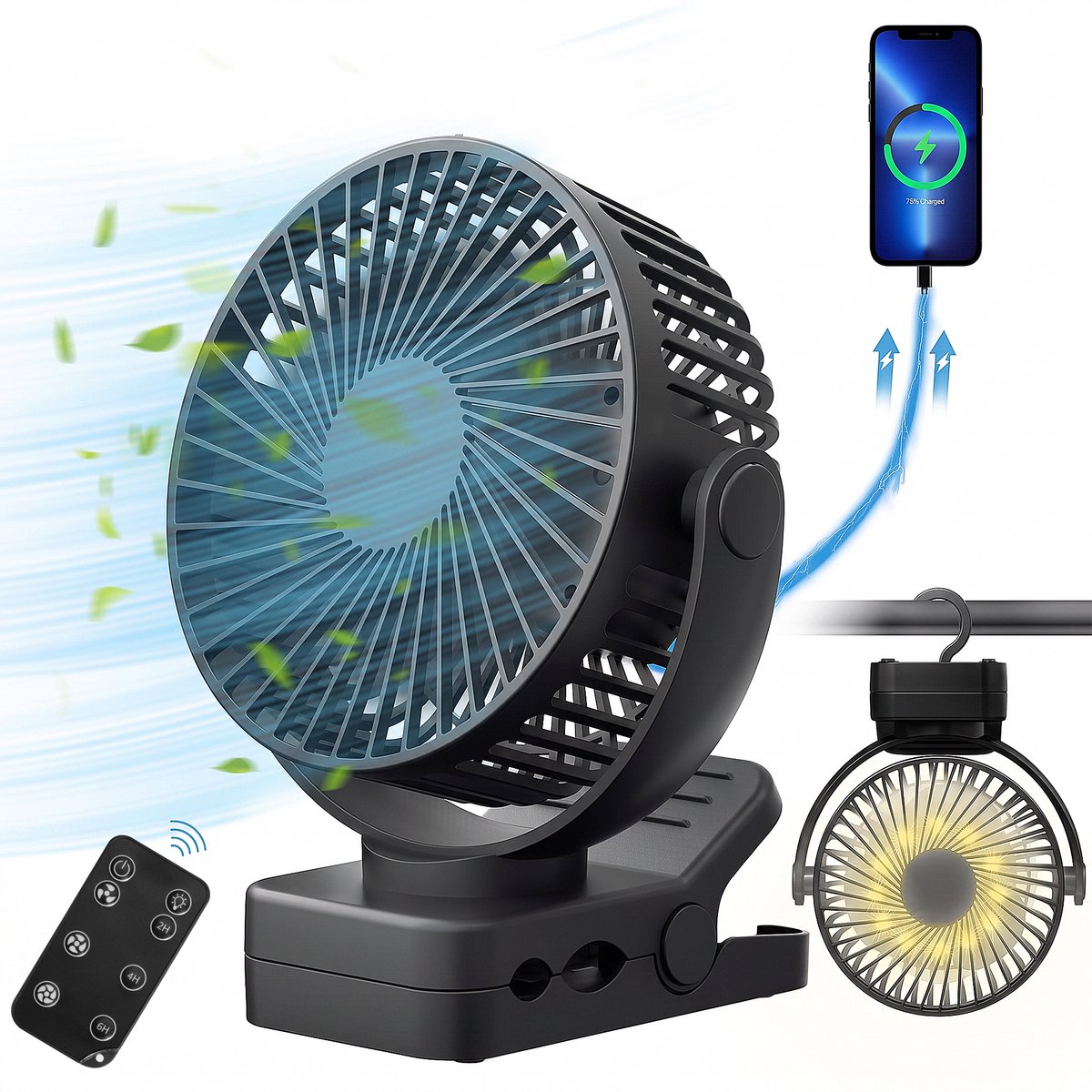 YONO Clip Ventilator Oplaadbaar - Ventilator met Klem - Afstandsbediening - 3 Snelheden - Timer - LED Verlichting - 12.000 mah - USB-C - 360° Draaibaar - Zwart