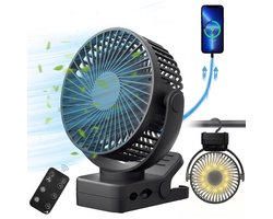 YONO Clip Ventilator Oplaadbaar - Ventilator met Klem - Afstandsbediening - 3 Snelheden - Timer - LED Verlichting - 12.000 mah - USB-C - 360° Draaibaar - Zwart