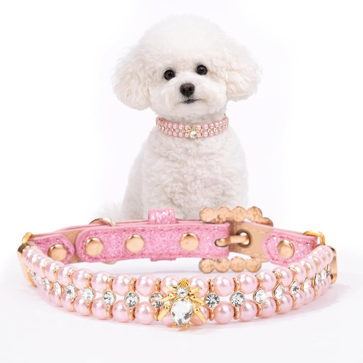 LISM-Parelhalsband Geschikt voor hond en kat, verstelbare leren halsband, witte parelhalsband Geschikt voor honden en katten, Geschikt voor kleine tot middelgrote huisdieren.