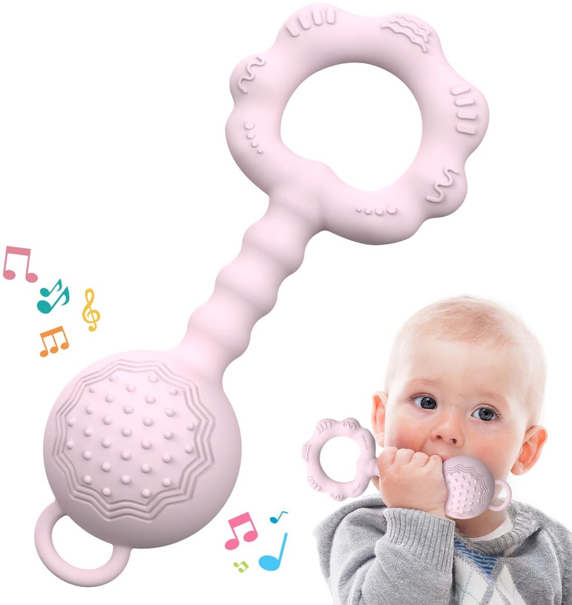VONKELIOS®Siliconen Babyrammelaar Bijtring Speelgoed - Zacht BPA-vrij Tandingsrammelaar voor Pasgeborenen - Sensorisch Tandingsrammelaar Speelgoed voor Baby's van 6-12 Maanden - Lichtroze