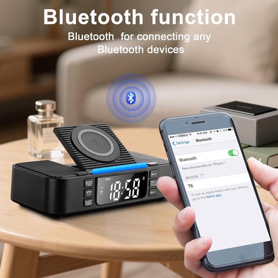 9-in-1 draadloos laadstation met Bluetooth-luidspreker, wekker, FM-radio en nachtlampje - compatibel met iPhone 17/16/15/Samsung S25/S24/Android, USB/Type-C/AUX, telefoonhouder, DP-013C zwart — afbeelding 3