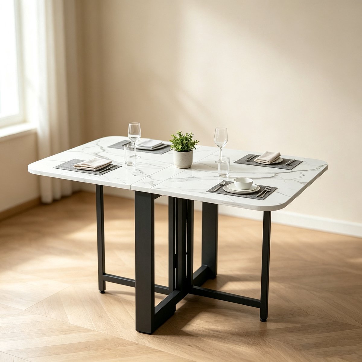 Deze opklapbare eettafel meet 100 x 60 cm heeft een wit tafelblad met marmerlook een zwart metalen frame en een uitschuifbaar blad Hij is ideaal voor gezinsmaaltijden en om van een kopje koffie te genieten