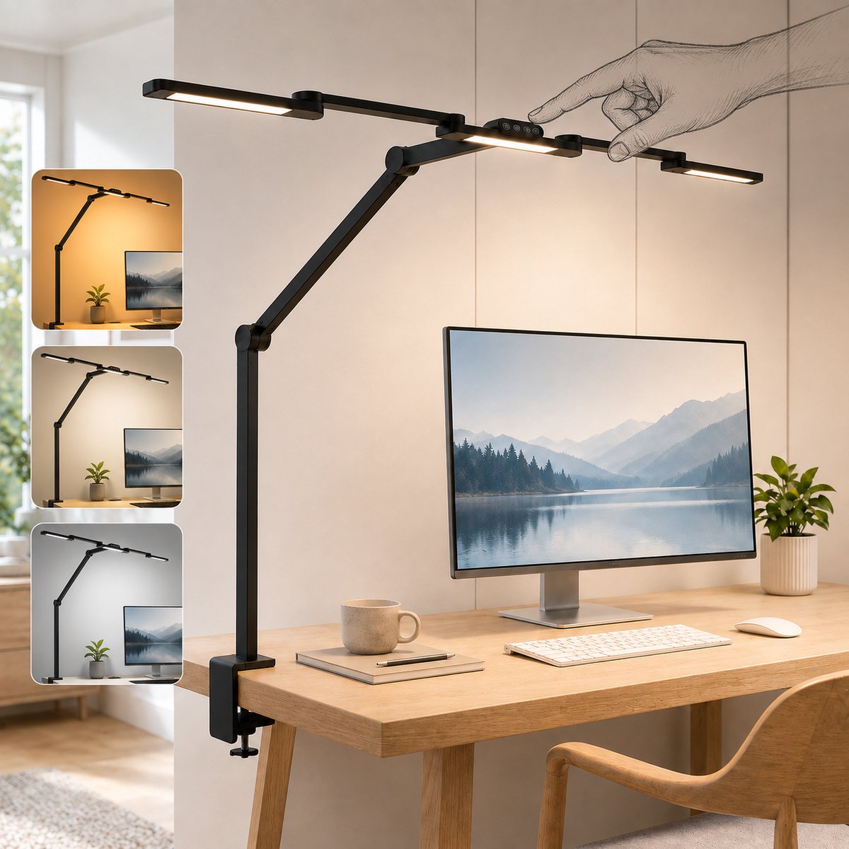 Lapamax Bureaulamp LED 3-Lichts met Klem 105 cm - Dimbare Werklamp met 3 Verstelbare Lichtbalken&6 Draaipunten-Monitor Lamp met Automatische Lichtsensor-Klemlamp-Hobbylamp - Architectenlamp-voor Kantoor, Tekentafel-Transformeerbaar tot Vijfhoek