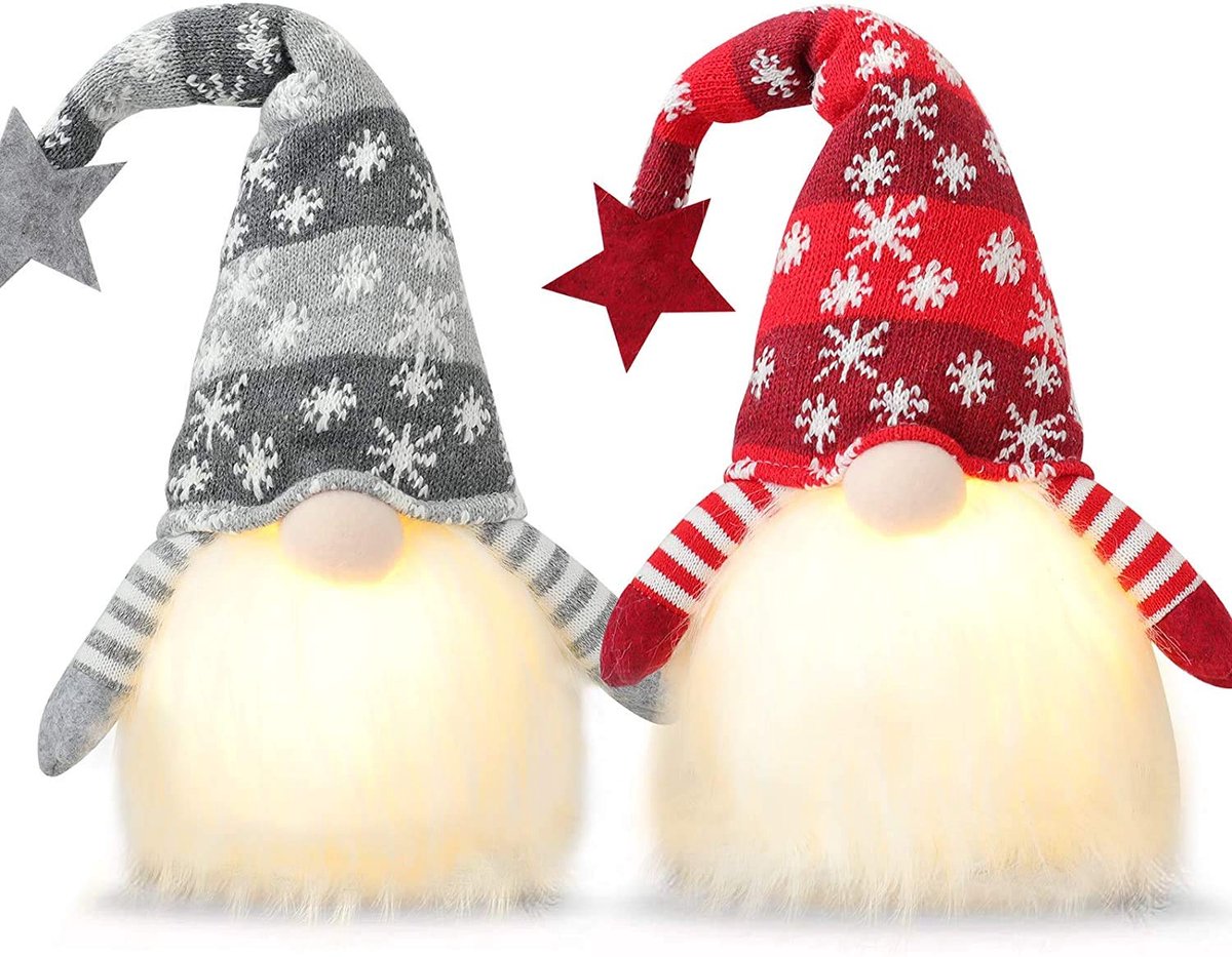 Namajunas - Gnoom Set 2 Stuks met Verlichting - Kerstbeelden & Figuren - Kerst Kabouter - Kerstdecoratie voor binnen - Kerstboomversiering - Gnomes - Kerstdecoratie voor binnen - Sfeerverlichting voor Thuis
