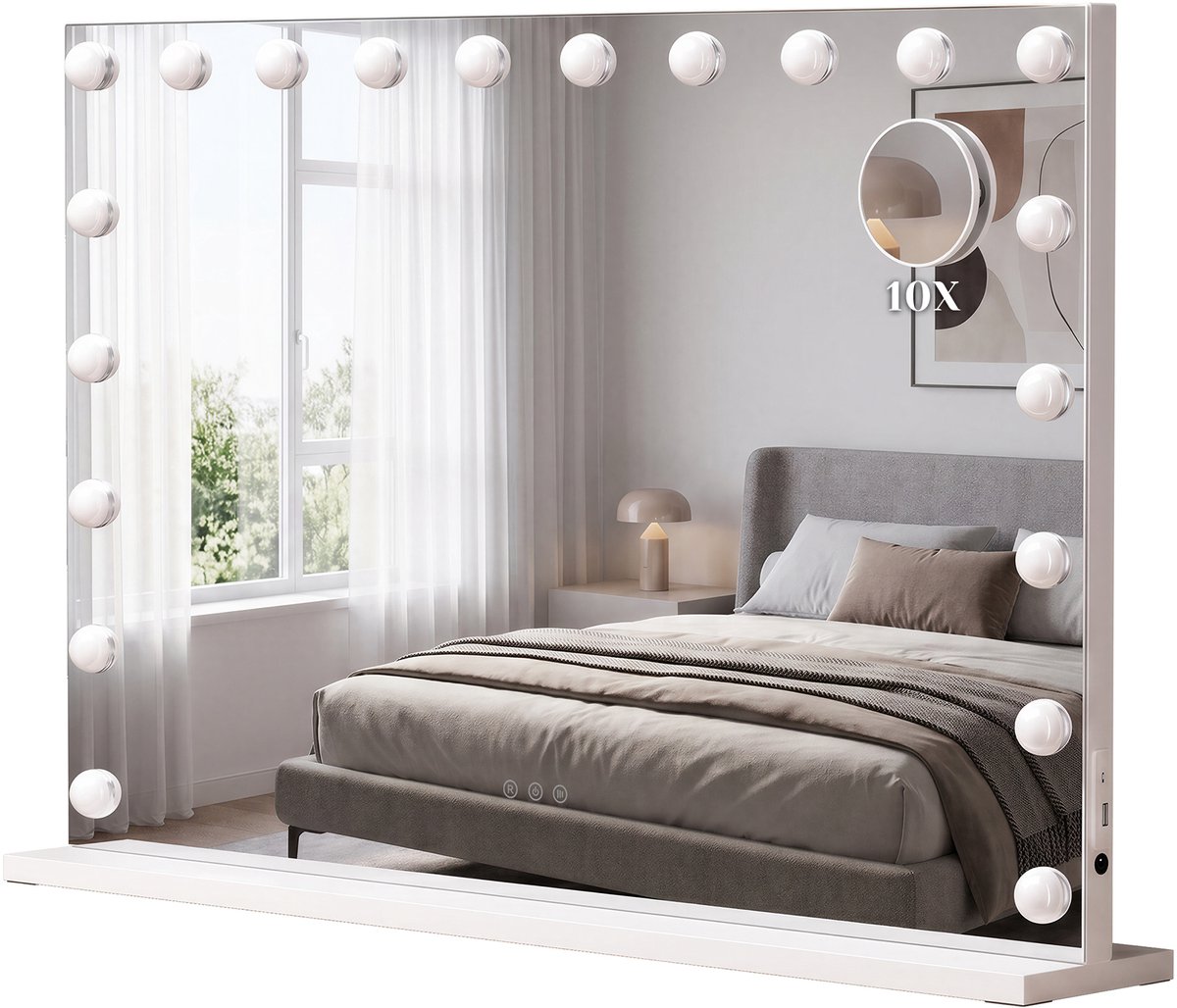Auralum MAX Make-up Spiegel met Verlichting - Hollywood Spiegel - 90x60CM - 20 LED Lampen - 3 Lichtkleuren - Dimbaar - 10x Vergroting - Smart Touch - USB +Type-C Oplaadpoort - Wit
