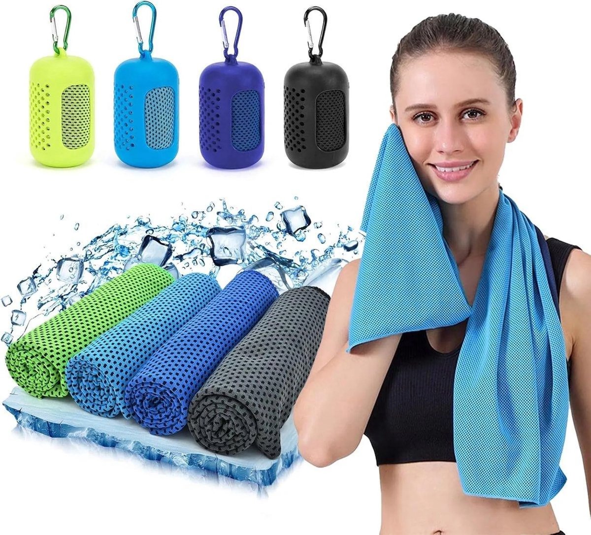 4 Pack Koelhanddoeken - Sneldrogende Koeldoek voor Nek - Microfiber Sport Handdoek - Zweetabsorberende IJsdoek - Set van 4 (Lichtblauw + Zwart + Groen + Koningsblauw)