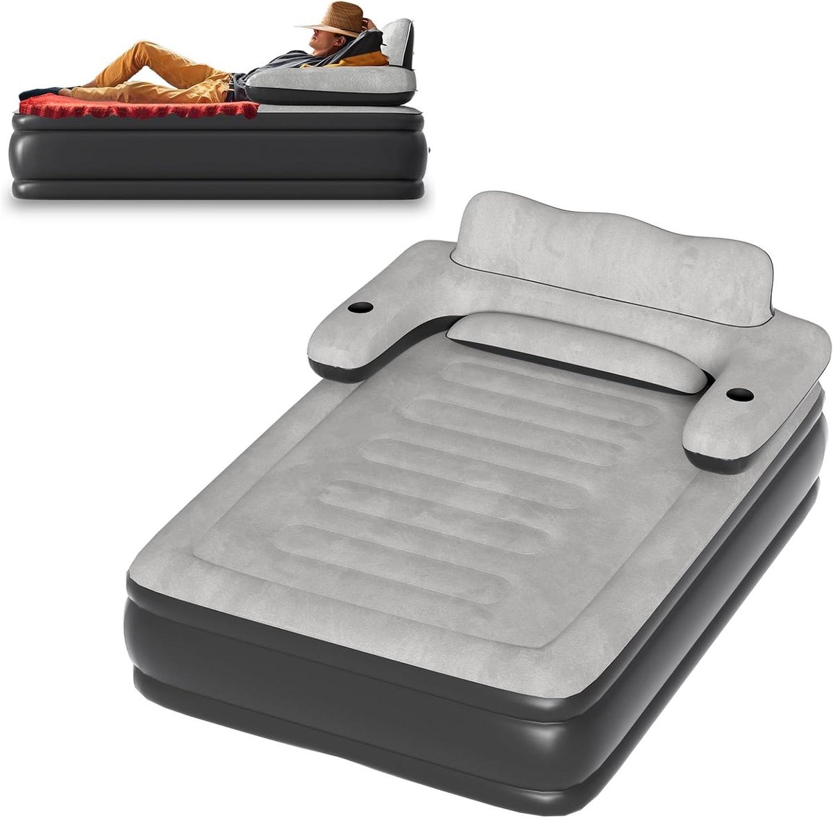 Luchtmatras Zelfopblazend - Logeerbed Opblaasbaar - Comfortabel Slapen - Ingebouwde Elektrische Pomp - 195 x 146 cm - Zwart Grijs