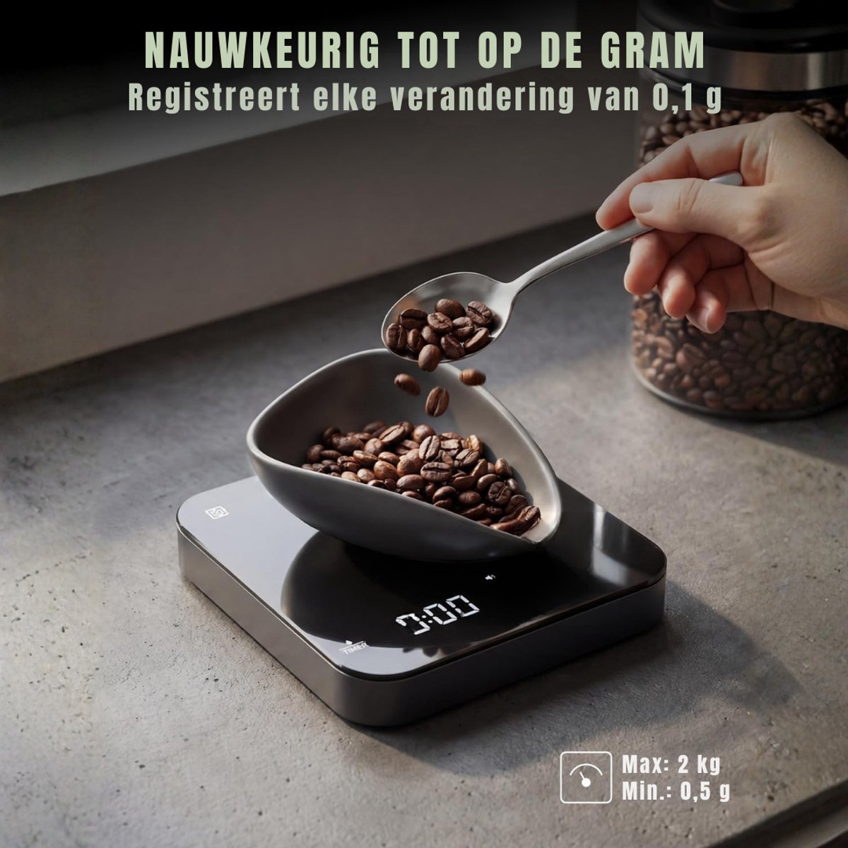 Lìon® Precisie Weegschaal - Koffie Weegschaal met Timer - Koffie Weegschaal - Keuken Weegschaal - Zwart en Zilver - 11cm x 11cm x 2cm