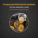 Vergrootglas op gele tandwielen van de zonne-robot, met tekst over mechanische esthetiek en hoe wetenschap werkt.