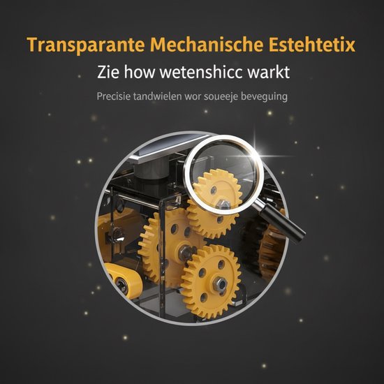 Vergrootglas op gele tandwielen van de zonne-robot, met tekst over mechanische esthetiek en hoe wetenschap werkt.