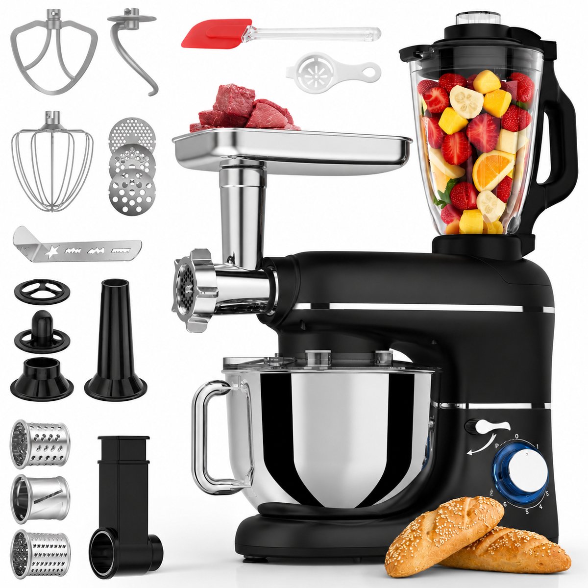 Keukenmachine 2000W – 6,2L RVS Mengkom – 6 Snelheden – Met Blender, Vleesmolen en Snijder