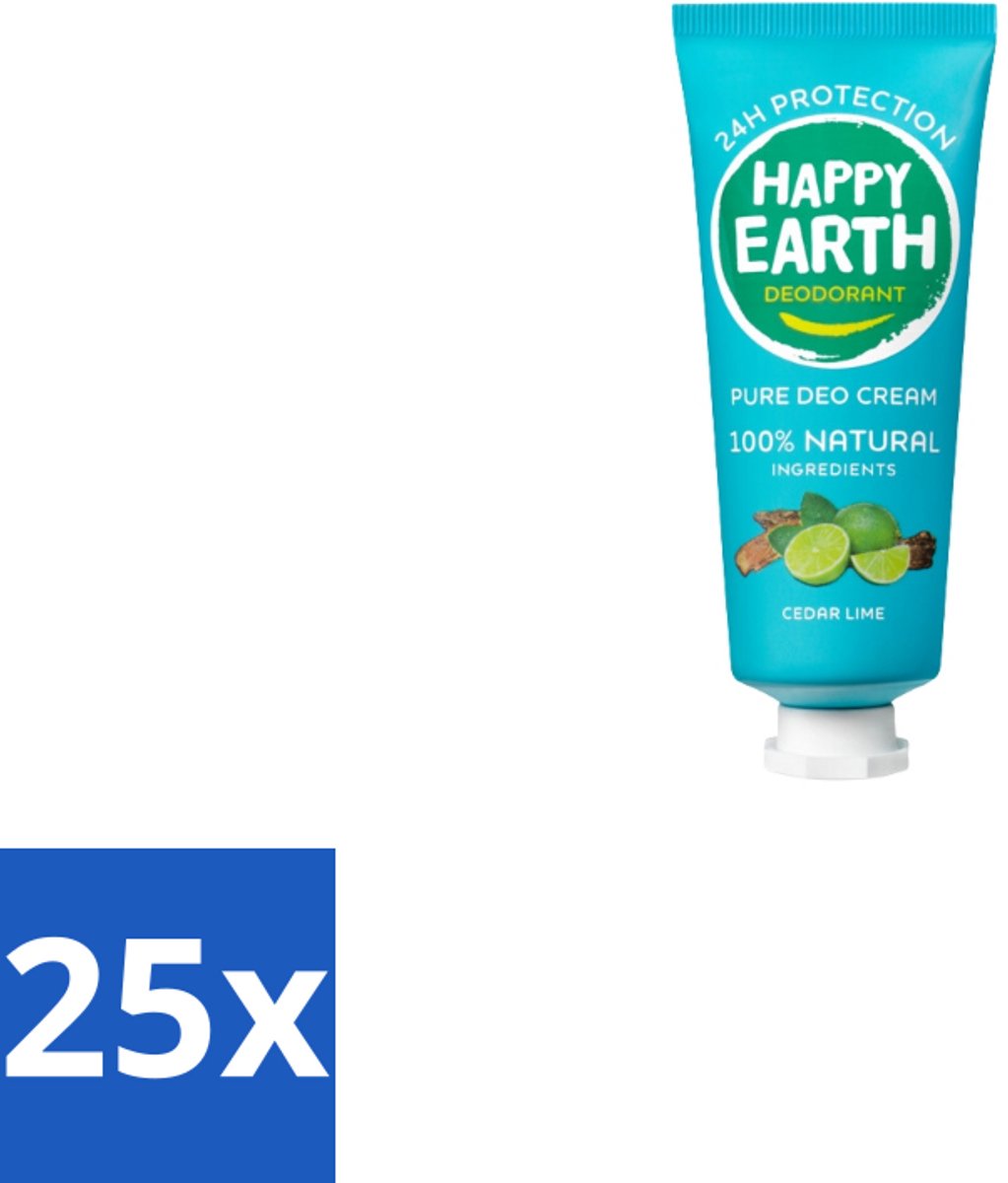 25 x Happy Earth – Deodorant Cream – 100% Natuurlijk Cedar Lime – 40 ml - Voordeelverpakking - 25 stuks