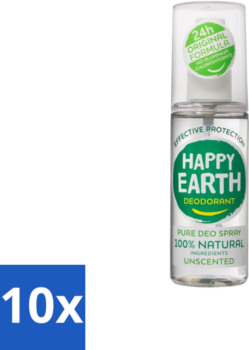 10 x Happy Earth – Deodorant Spray – 100% Natuurlijk Unscented – 100 ml - 100% Natuurlijk - Geurloos - Hypoallergene Deodorant - Natuurlijke Mineralen - Biologische Aloë Vera