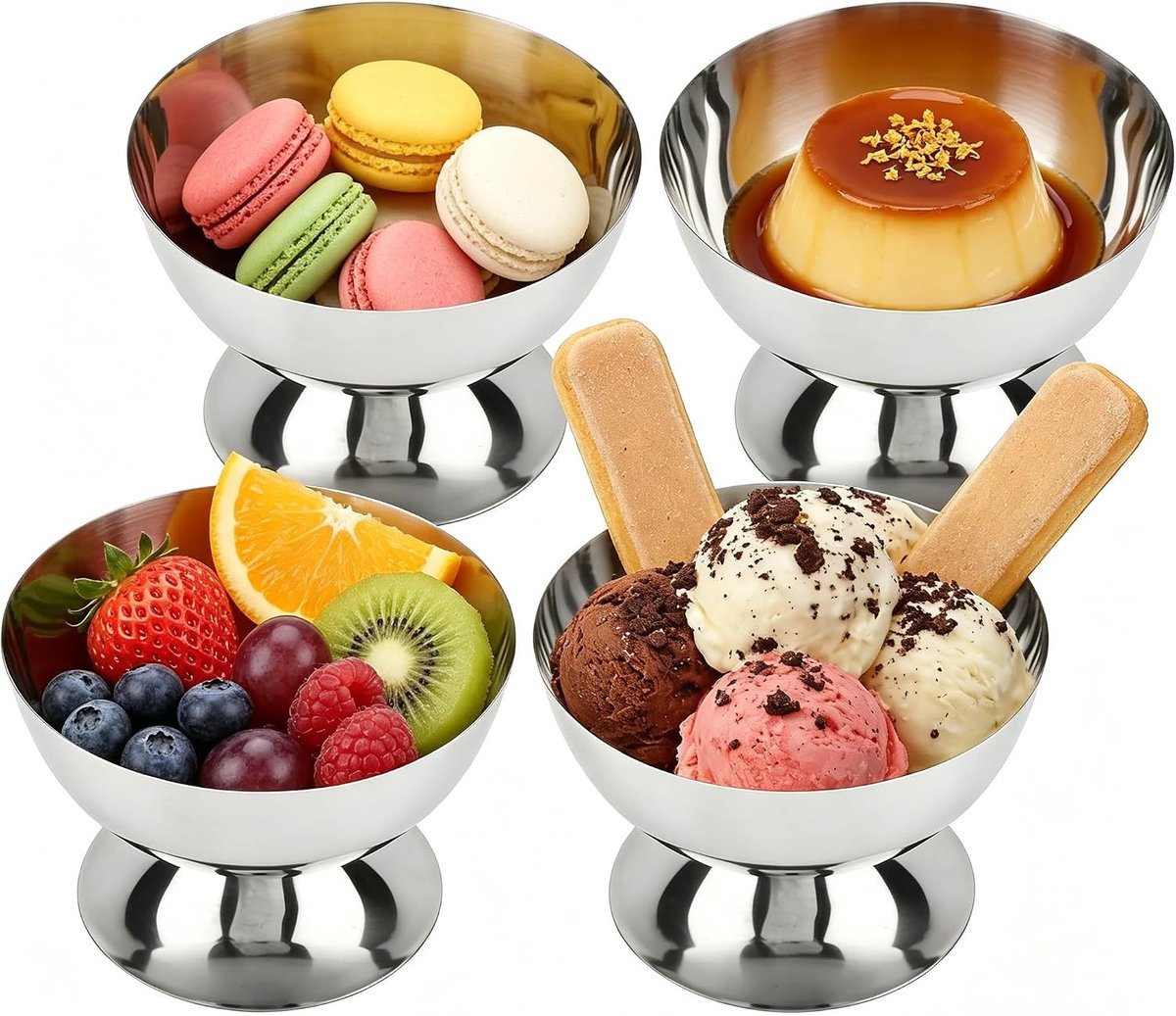 Set van 4 RVS IJsroomkopjes - Vintage Dessertkommen, Cocktailglazen en Sundae Glazen voor Fruit, Salades en Yogurt voor Feesten en Speciale Gelegenheden