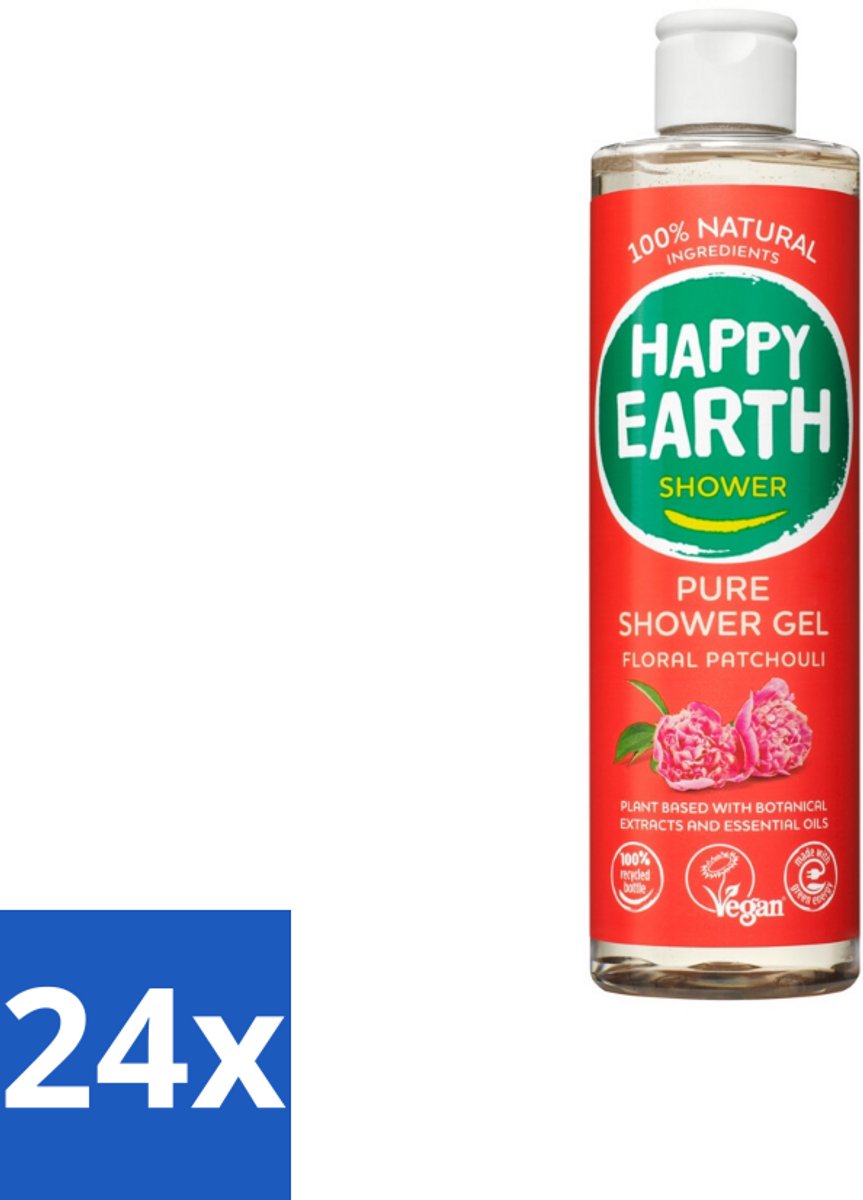 24 x Happy Earth – Douchegel – 100% Natuurlijk Floral Patchouli – 300 ml - Douchegel - Natuurlijke Douchegel - Vegan Douchegel - Patchouli Geur - Huid Verzorging