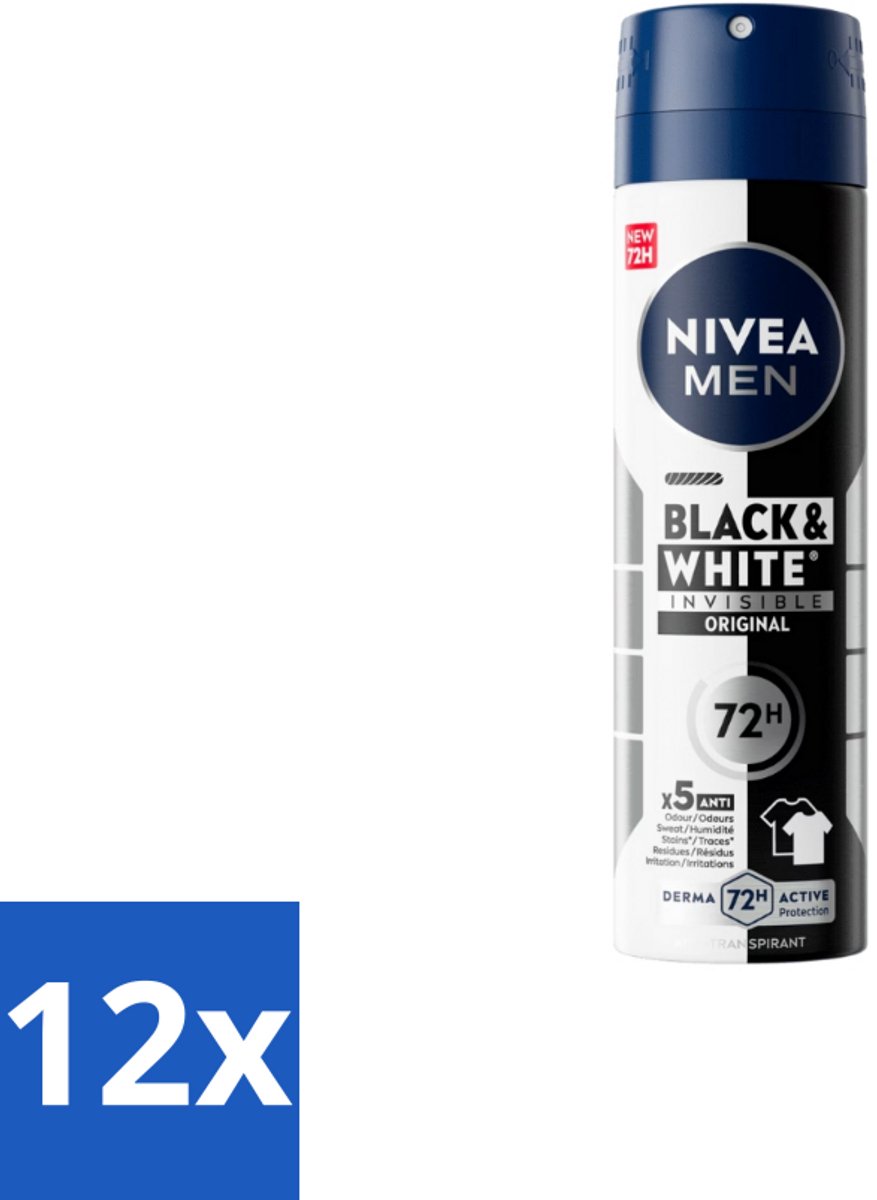 12 x NIVEA MEN – Deodorant spray – Invisible for Black & White – 150 ml - Zweetvermindering - Geurvermindering - Anti-Transpirant Spray - Kledingbescherming - 48u Bescherming