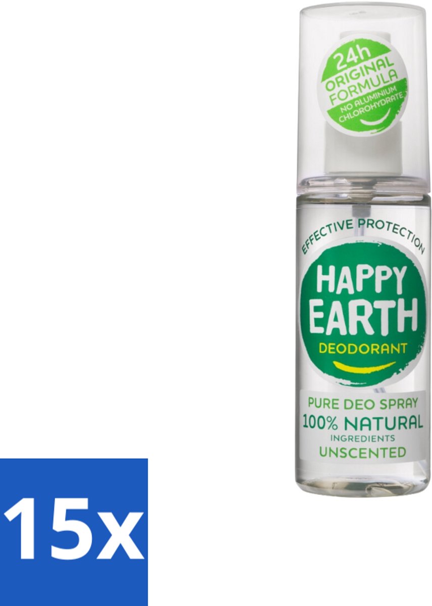 15 x Happy Earth – Deodorant Spray – 100% Natuurlijk Unscented – 100 ml - 100% Natuurlijk - Geurloos - Hypoallergene Deodorant - Natuurlijke Mineralen - Biologische Aloë Vera