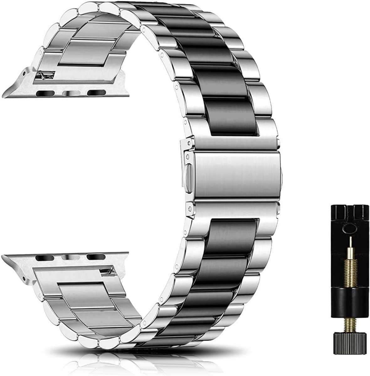 Compatibele metalen horlogeband voor Apple Watch 38 mm/40 mm/41 mm en 42 mm/44 mm/45 mm/49 mm, Unisex RVS horlogeband in zilver en zwart, Duurzaam en stijlvol