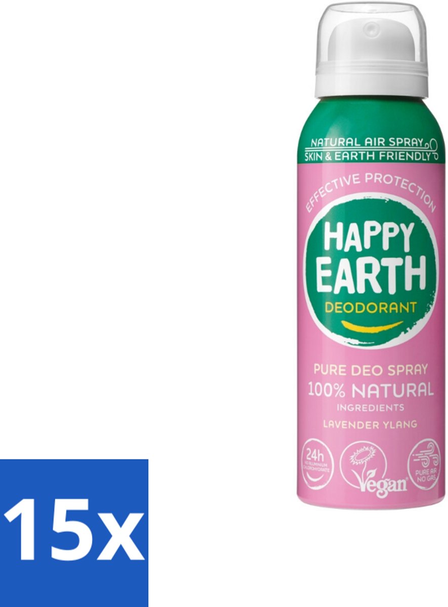 15 x Happy Earth – Deodorant Spray – 100% Natuurlijk Lavender Ylang – 100 ml - 100% Natuurlijke Deodorant - Natuurlijke Deodorant Spray - Deodorant Zonder Aluminium - Deodorant Met Lucht - Deodorant Lavendel Ylang