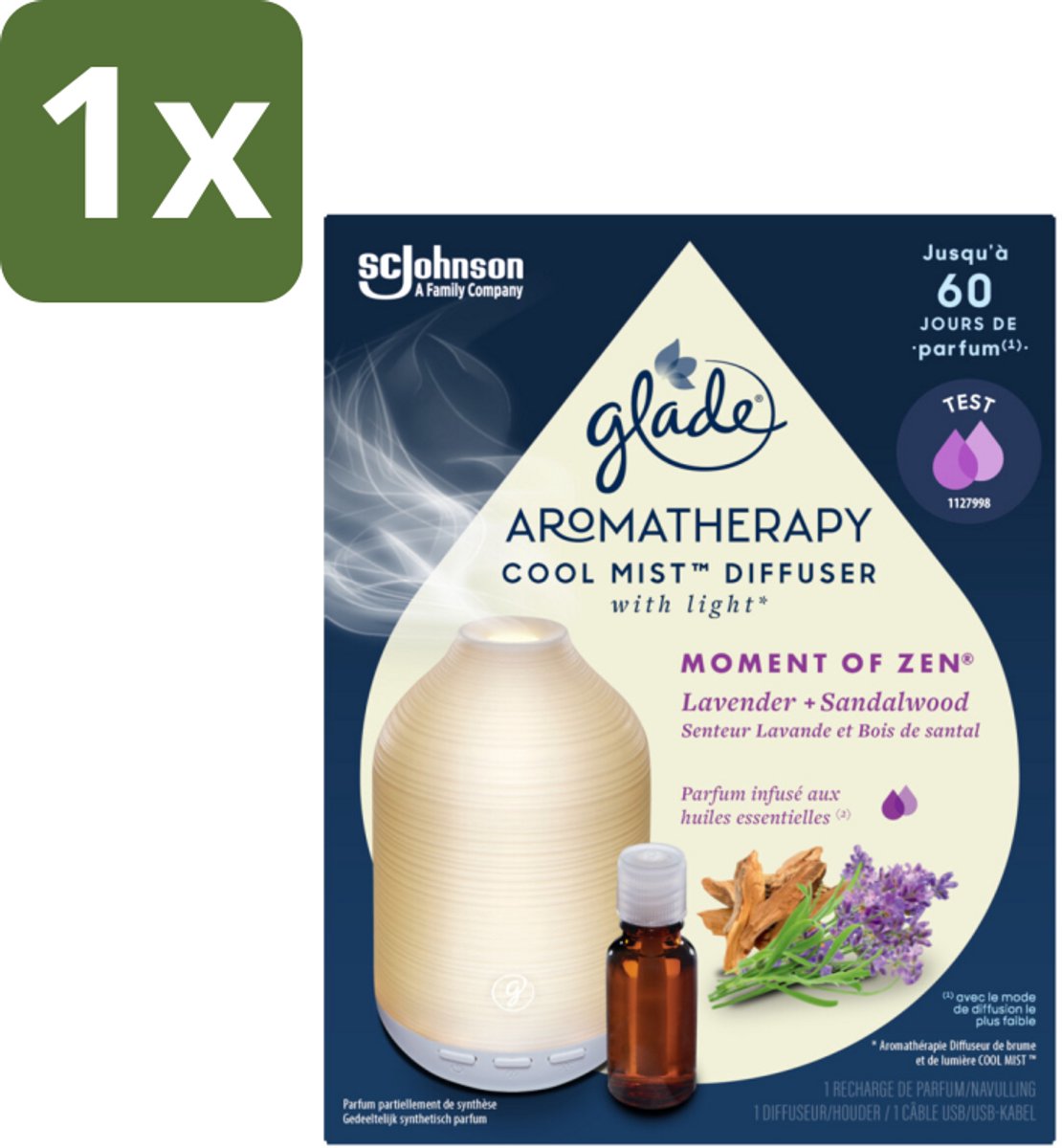 1 x Glade – Aromatherapy Mist Diffuser – Starterpakket – Houder + Moment of Zen Navulling - 17,4 ml - Aromatherapie - Cool Mist Diffuser - Lavendel - Sandelhout - Rustgevende Geur