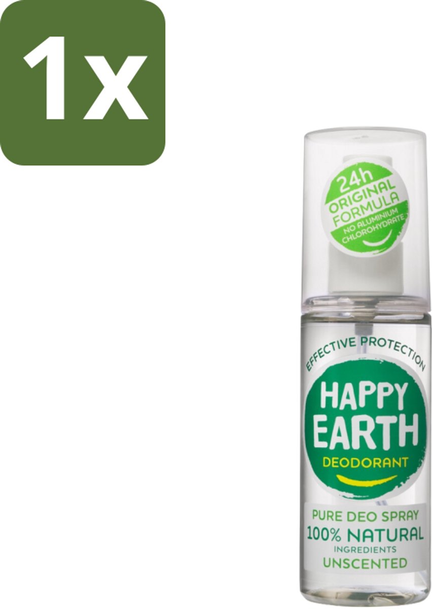 1 x Happy Earth – Deodorant Spray – 100% Natuurlijk Unscented – 100 ml - 100% Natuurlijk - Geurloos - Hypoallergene Deodorant - Natuurlijke Mineralen - Biologische Aloë Vera