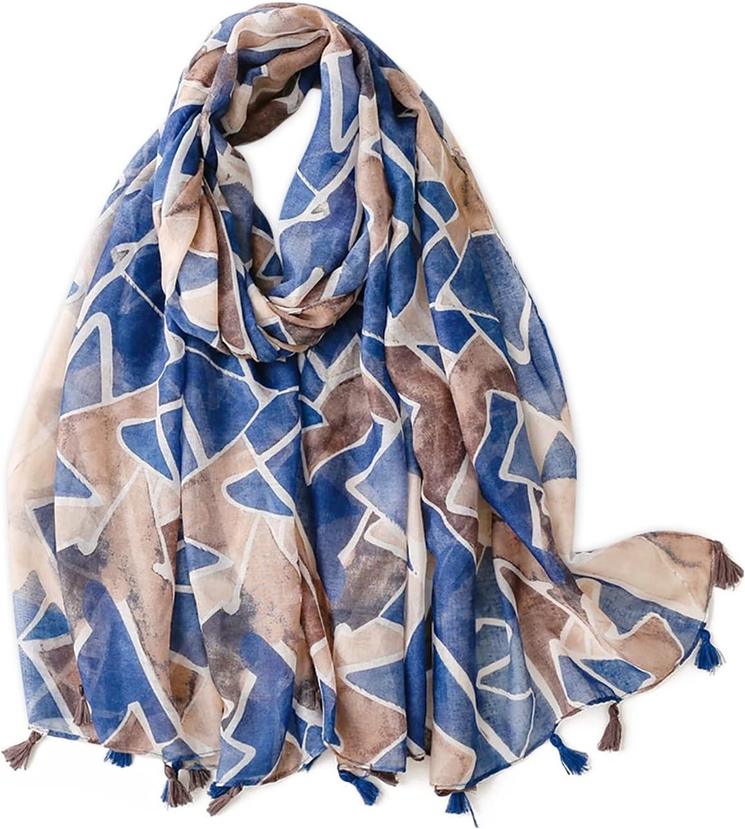 Elegante Voile Sjaal voor Dames met Bloemenprint en Geometrische Patronen - Lichtgewicht en Zacht, Perfect voor Alle Seizoenen, Donkerblauw en Bruin, Één Maat