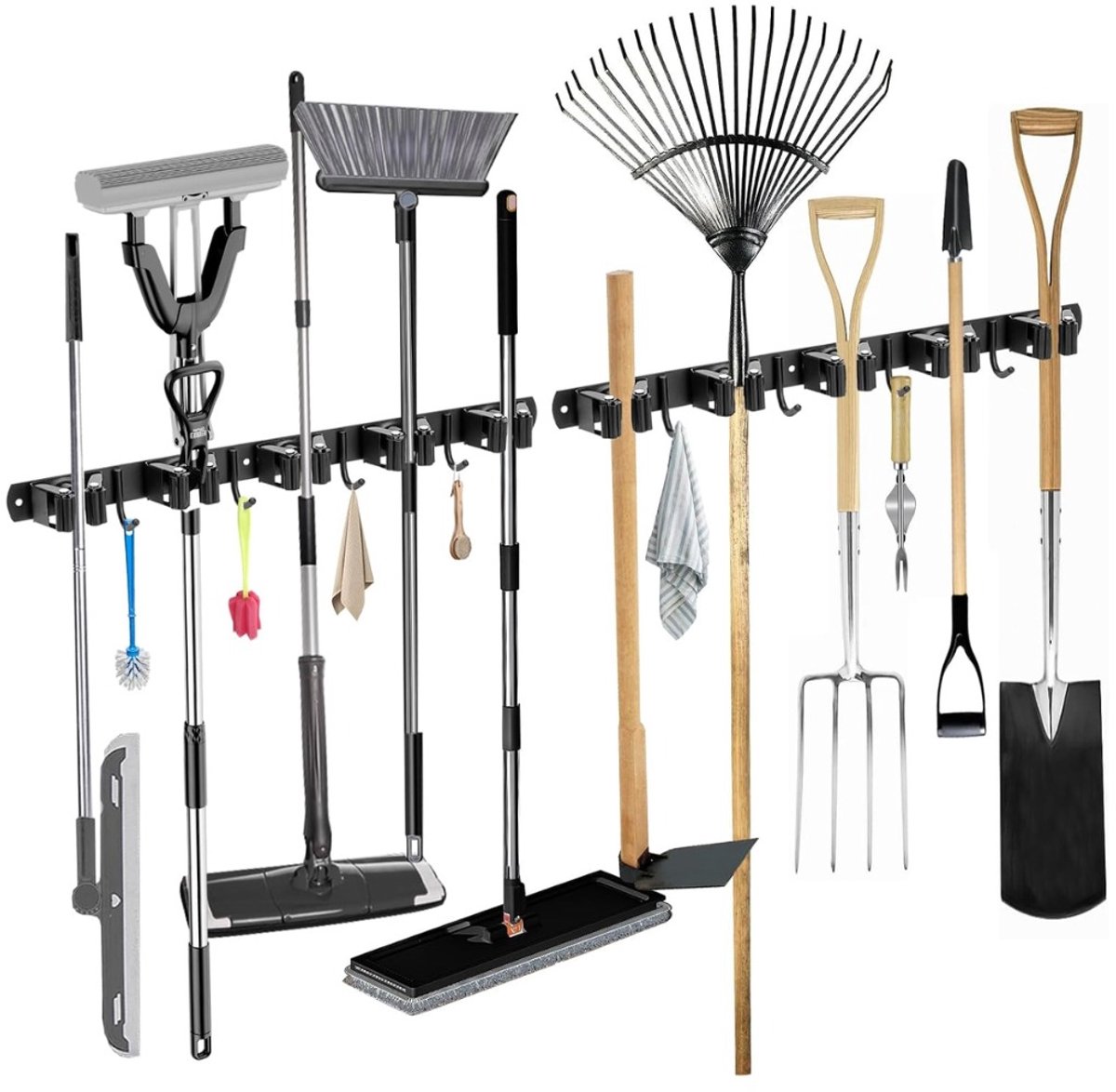 DYVNS® Bezemhouder - Gereedschapshouder - Ophangsysteem Bezem - Wandhouder Tuingereedschap - 2 Stuks - 10 Houders en 8 Haken