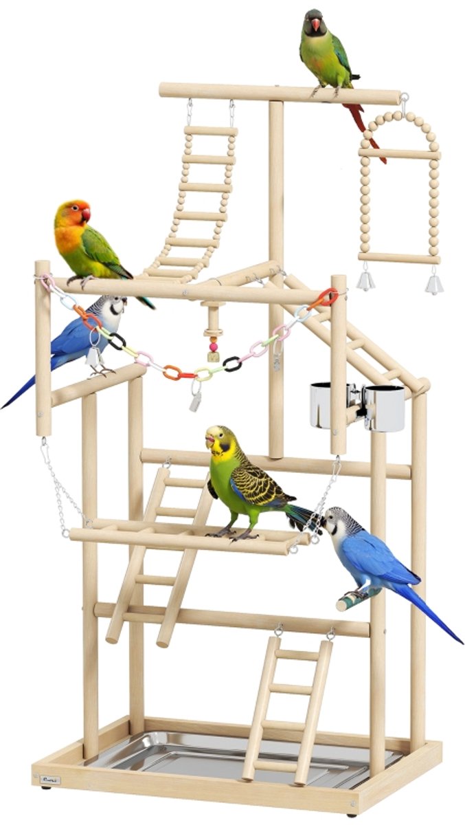 Speelplek voor vogels, speelplek voor papegaaien, ladders, kettingspeelgoed, platform, 48x38x95cm, natuurlijk hout