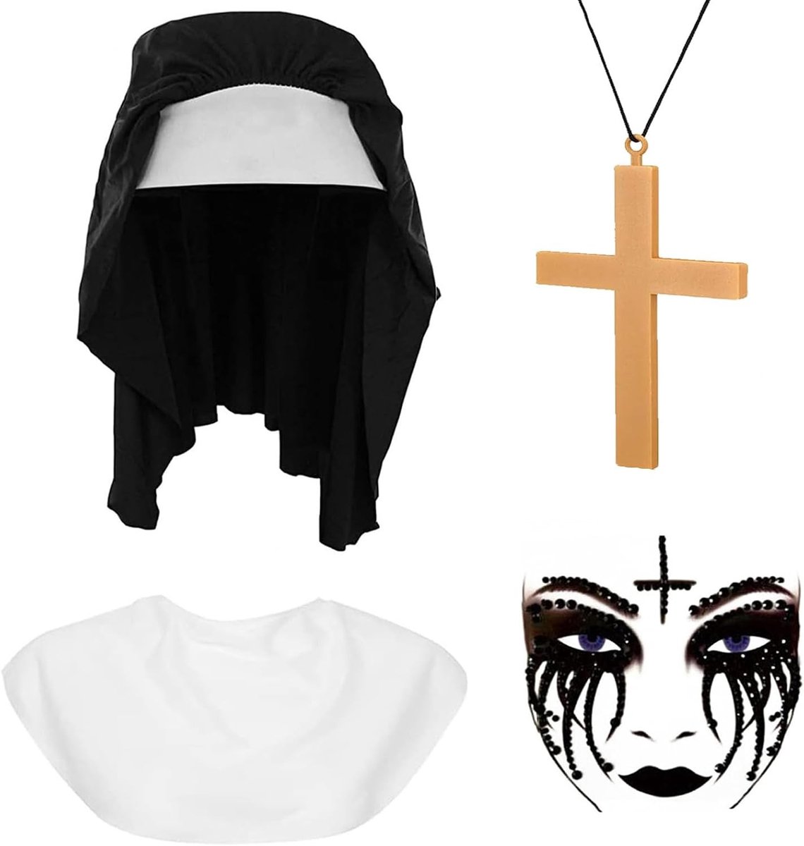 Dames Nonnen Kostuum Accessoires met Heilig Kruis, Hoofddoek, Kraag en Sokken voor Halloween en Rollenspel