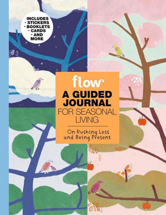 Flow A Guided Journal for Seasonal Living, met stickers, boekjes, kaarten en meer. Vier seizoenen met vogels en bomen.