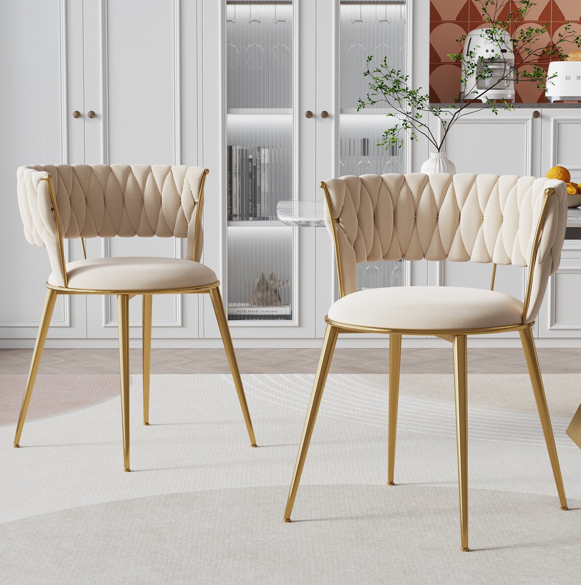 Wishdor Eetkamerstoelen set van 2 - Velvet met armleuningen - Metalen poten - Ivory - 57 x 43 x 70 cm