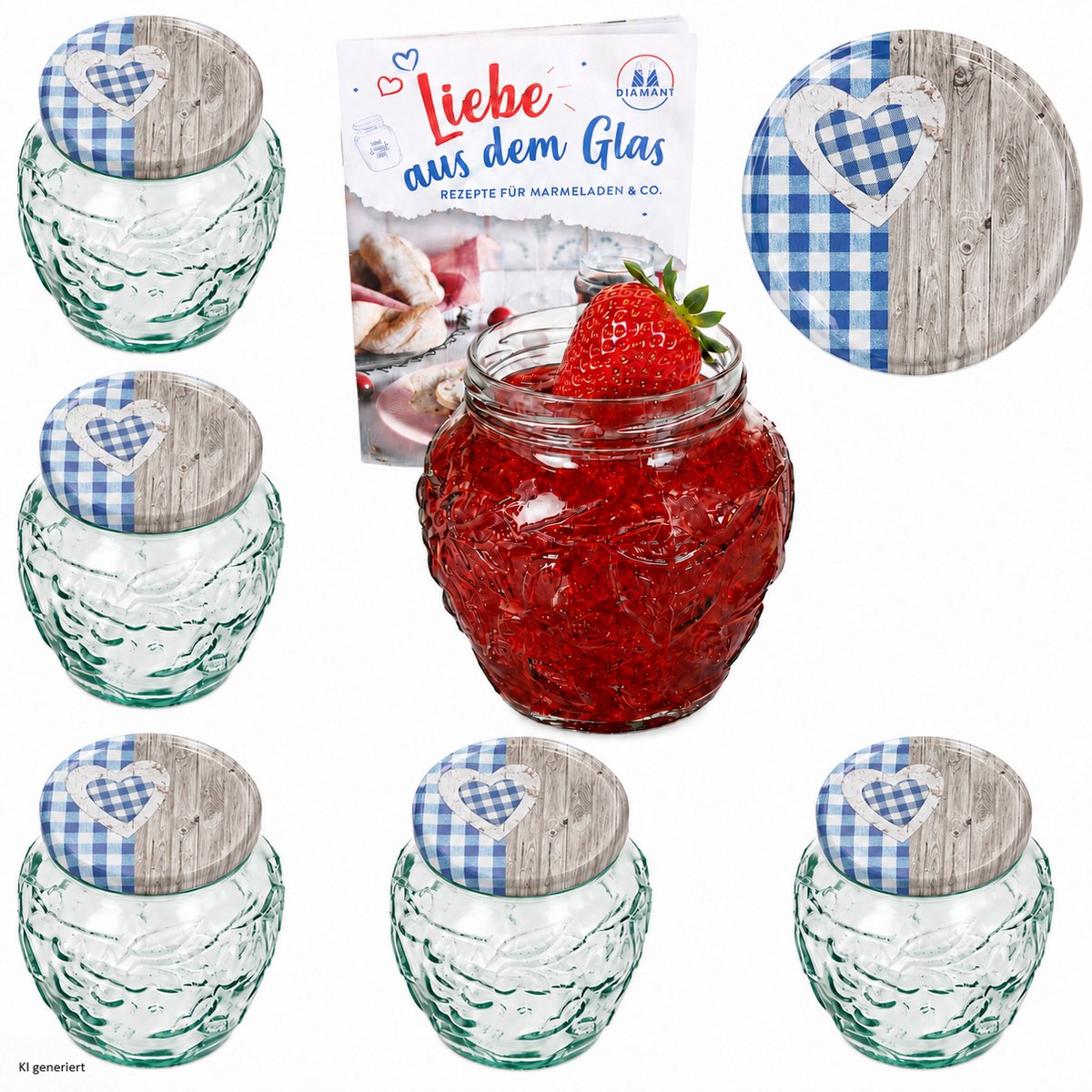 6-delige set jamfles 580ml FRUTTA VASO met fruit-relief + TO82 deksel houten hart blauw