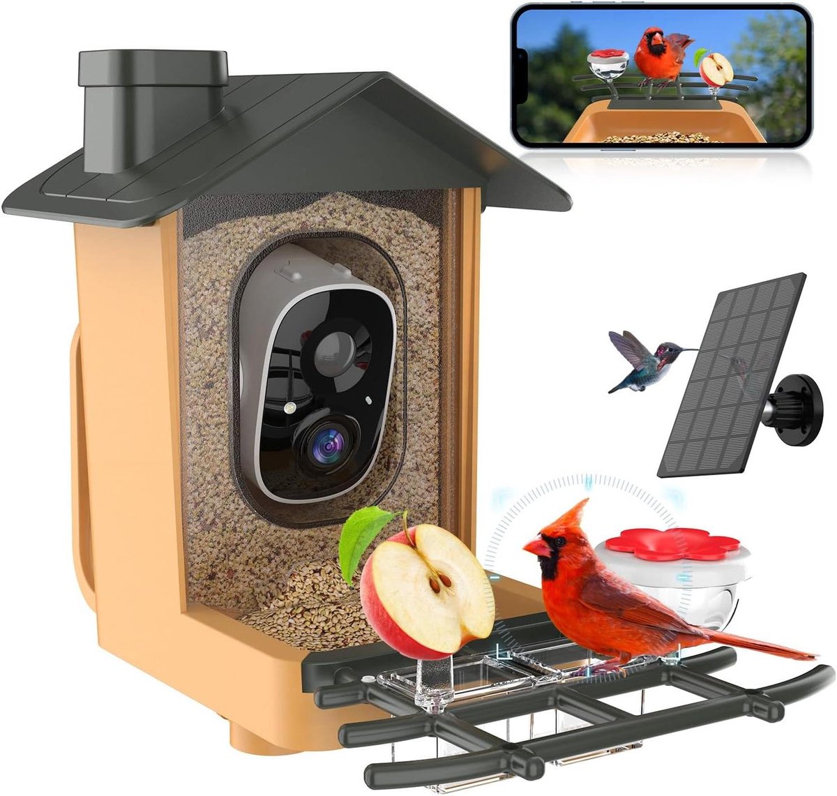 Vogelvoeder met camera - Vogelhuisje camera - Vogels observeren - AI vogelidentificatie - 1.25 liter - Oranje