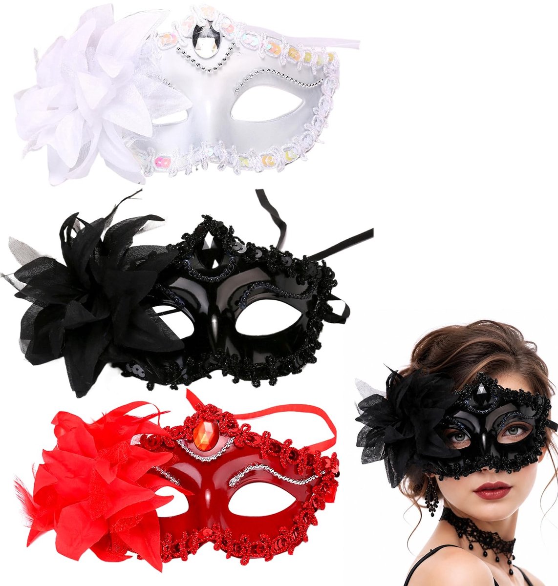 Elzusha - Set van 3 Venetiaanse Half Gezichtsmaskers, Luxe en Elegant