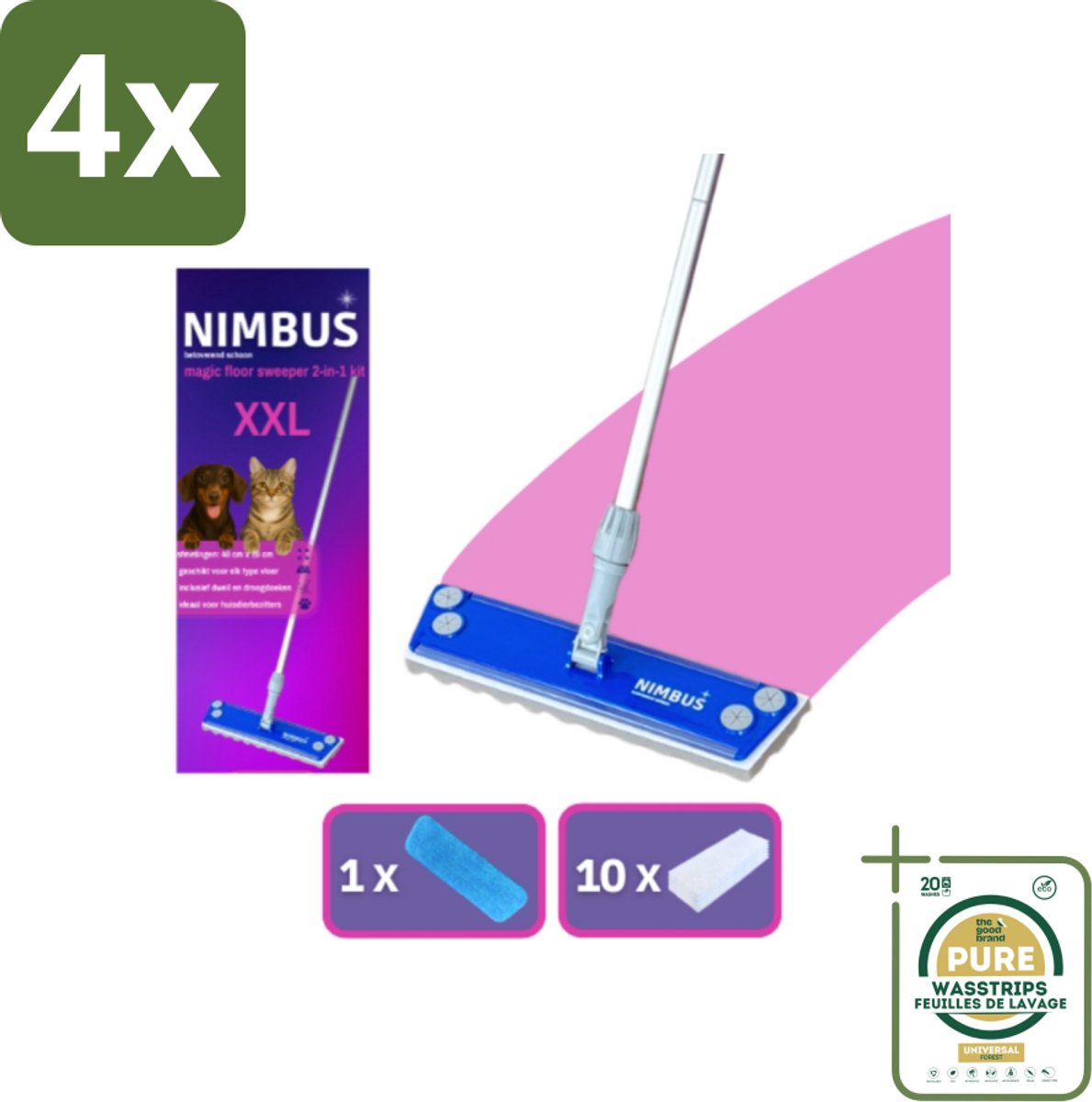 NIMBUS Magic Floor Sweeper XXL 2-in-1 Kit 1 Dweil + 10 Droge Vloerdoekjes 1 set - Voordeelverpakking - 4 stuks - Droog reinigen - Vochtig reinigen