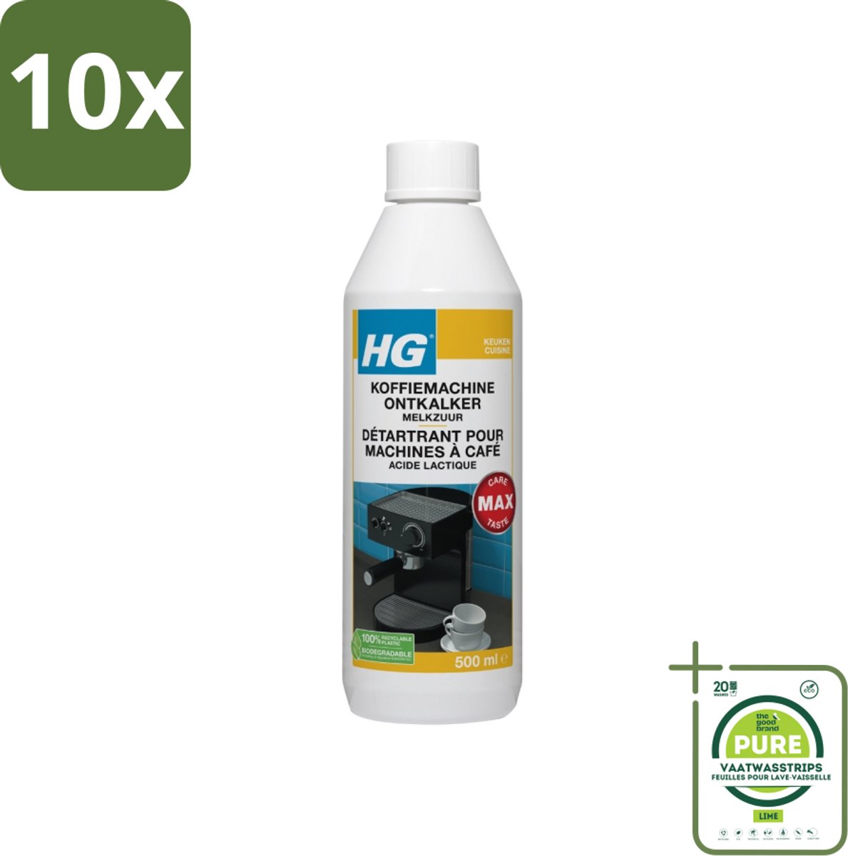 10 x HG Koffiemachine Ontkalker Melkzuur 500 ml - Grootverpakking - Koffiemachine Ontkalken - Ontkalker Melkzuur - Koffiemachine Schoonmaken - Espresso Ontkalken - Padkoffie Ontkalken