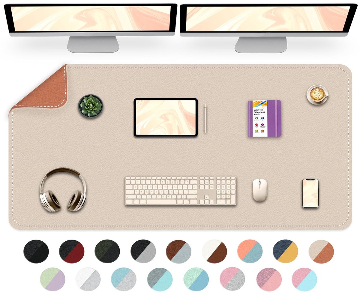 Elzusha - Dubbelzijdige Desk Mat - Waterdichte Bureau Onderlegger (Beige + Oranje, 120*60cm)