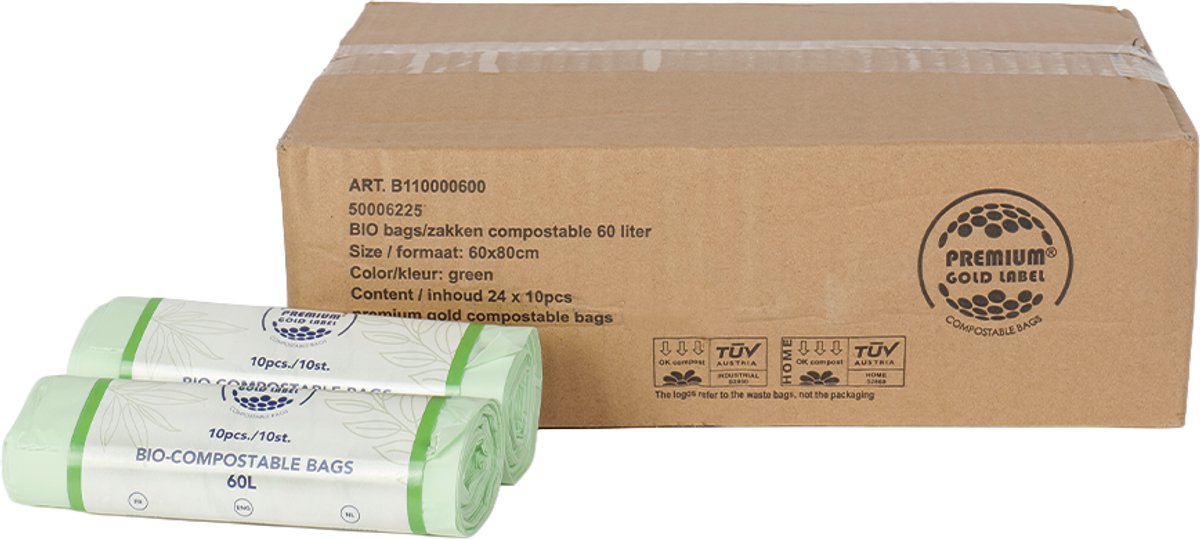 Biozakken 60 liter melkwit groen 60x80cm - Doos 24 rollen à 10 stuks