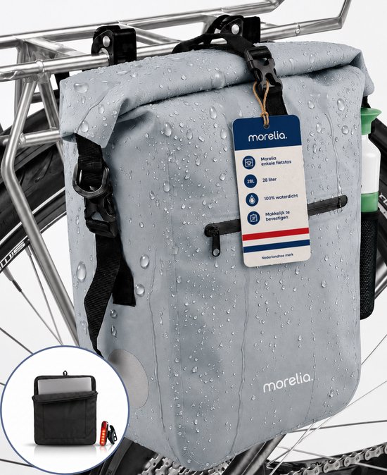 Sacoche de vélo Morelia gris clair imperméable avec sangles réglables et détails réfléchissants. Comprend une sacoche pour ordinateur portable et un feu arrière.
