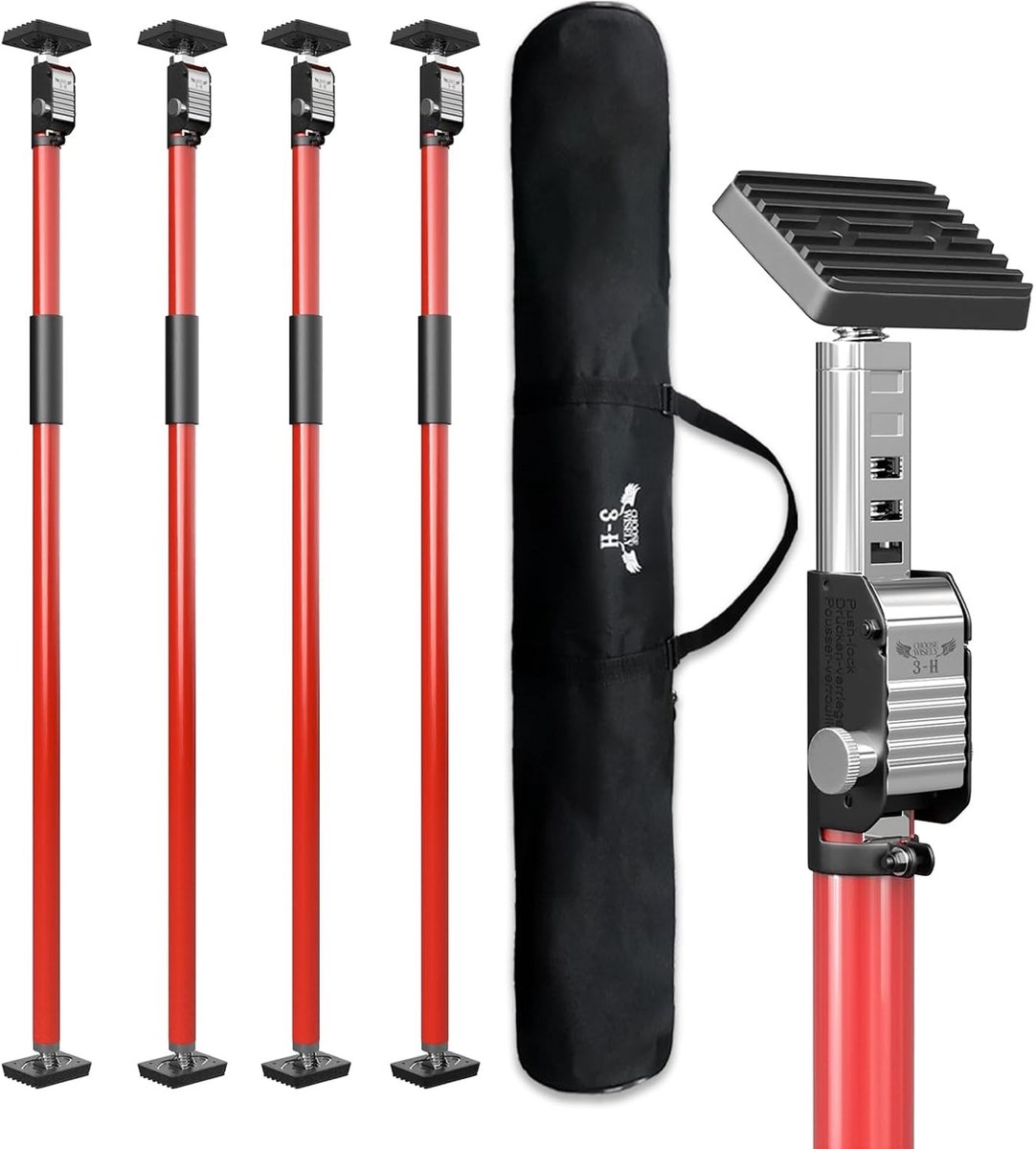 Verstelbare plafondsteun voor telescopische stangen, 110-203 cm, met éénhandige bediening, snelontgrendeling en maximale belasting tot 45 kg. Perfect voor constructie en ondersteuning.