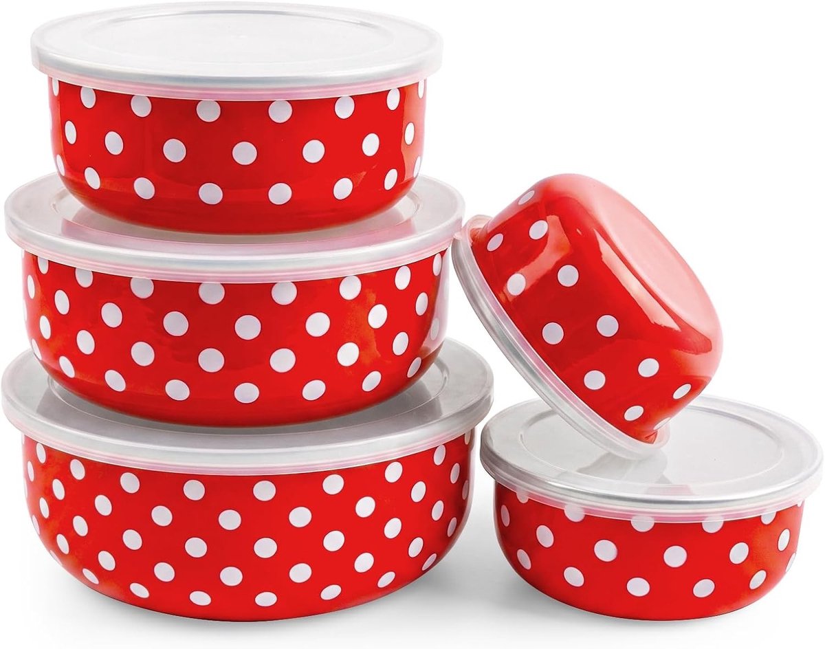 Set van 5 Emaille Kommen met Deksel voor Fruit, Salade en Muesli - Makkelijk Schoon te Maken, Lekvrije Bewaardozen voor Thuis en Camping
