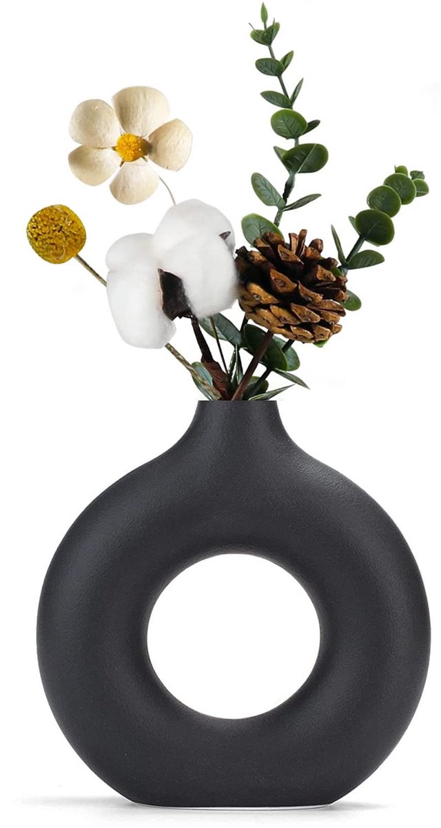 Elzusha - Zwarte Keramische Donutvaas voor Bloemen