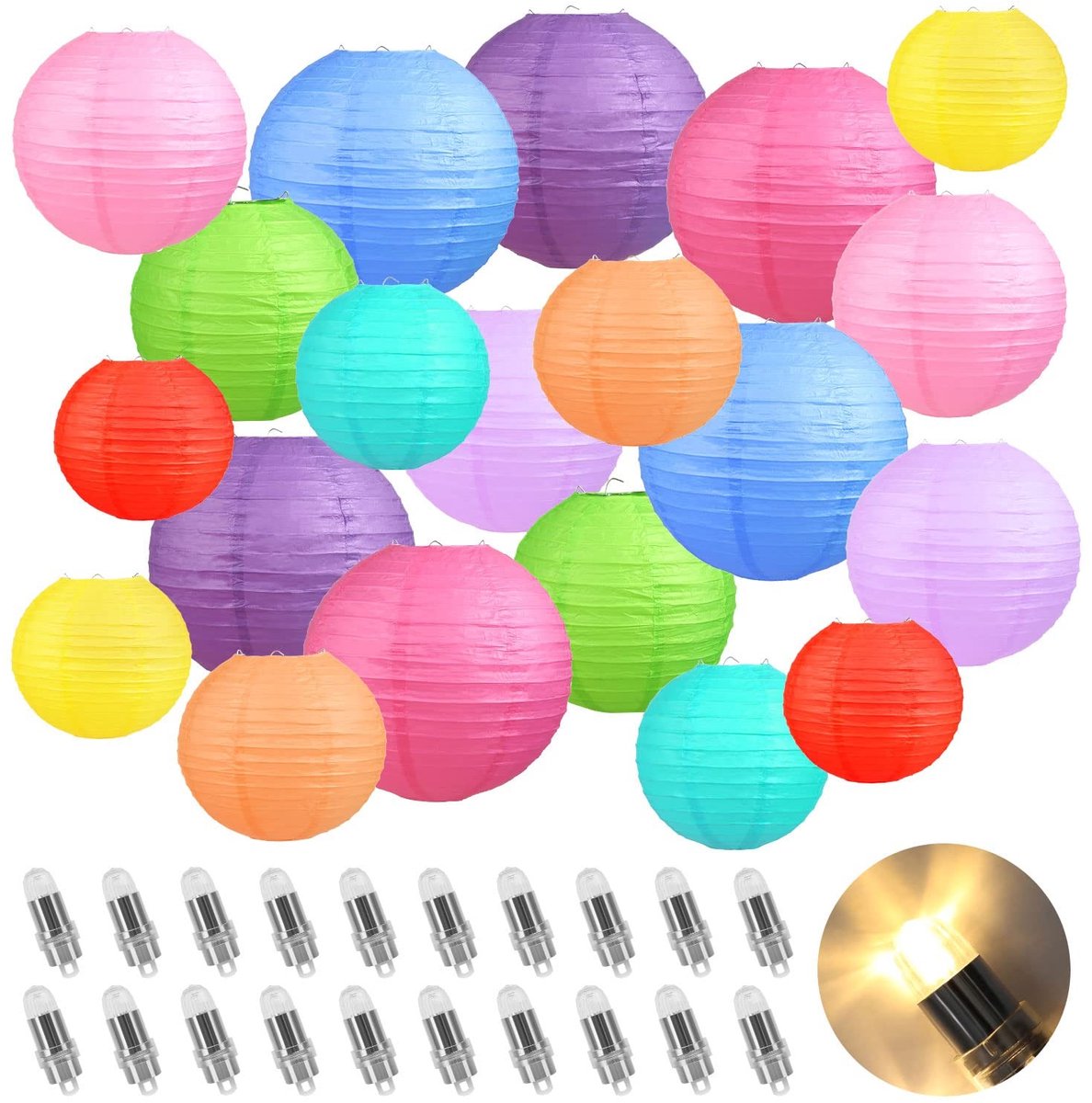 Elzusha - Set van 20 Kleurrijke Papieren Lanterns met Lampjes