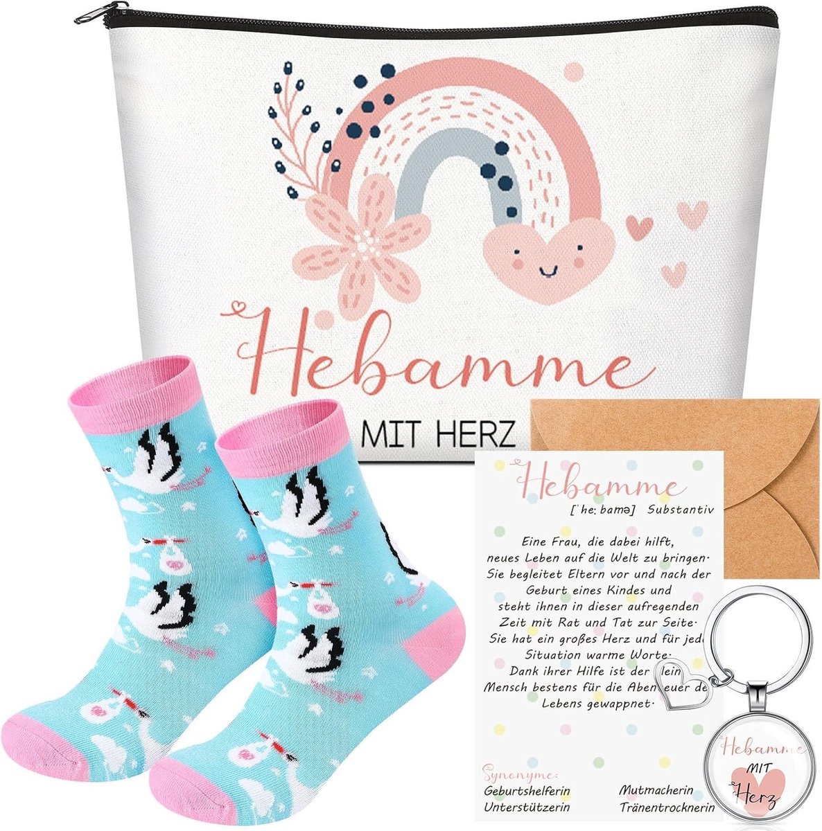 Cadeauset voor verloskundigen met hart: cosmetica tas, sleutelhanger, sokken en bedankkaart als waardering voor hun zorg en inzet