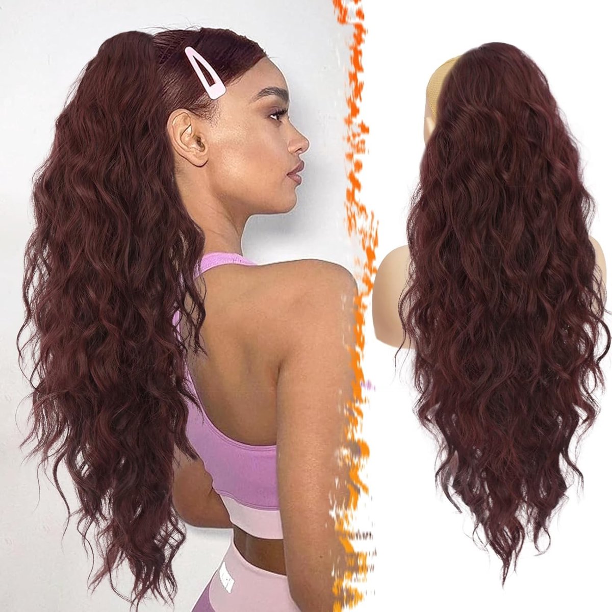 24 Inch Lange Krullende Wavy Burgunder Ponytail Haarextensions voor Vrouwen - Draagbare Clip-in en Trekkoord Haarstukken