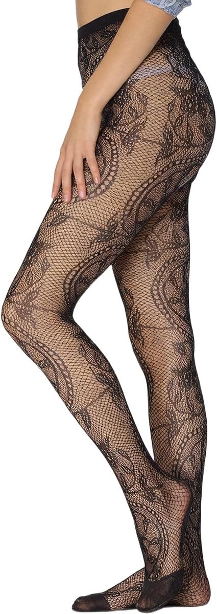 Elegante zwarte netpanty met bloemenpatroon voor dames, sexy kanten panty in één maat, perfect voor elke gelegenheid